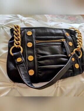 B makowsky Black Shoulder Bag with Gold Chain Detail